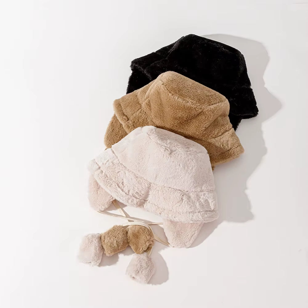 Bomber Winter Warm Bucket Hat Hats for Women Golf Cap Hiking Hat Fur Hat Winter Hat Barrel Cap Cotton Fabric Ear Protection Cap