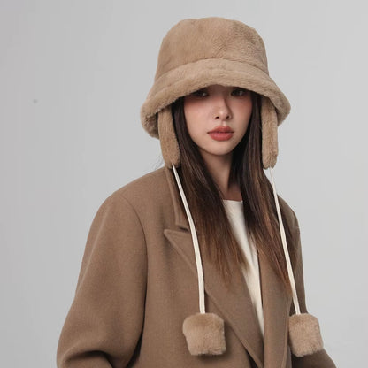 Bomber Winter Warm Bucket Hat Hats for Women Golf Cap Hiking Hat Fur Hat Winter Hat Barrel Cap Cotton Fabric Ear Protection Cap