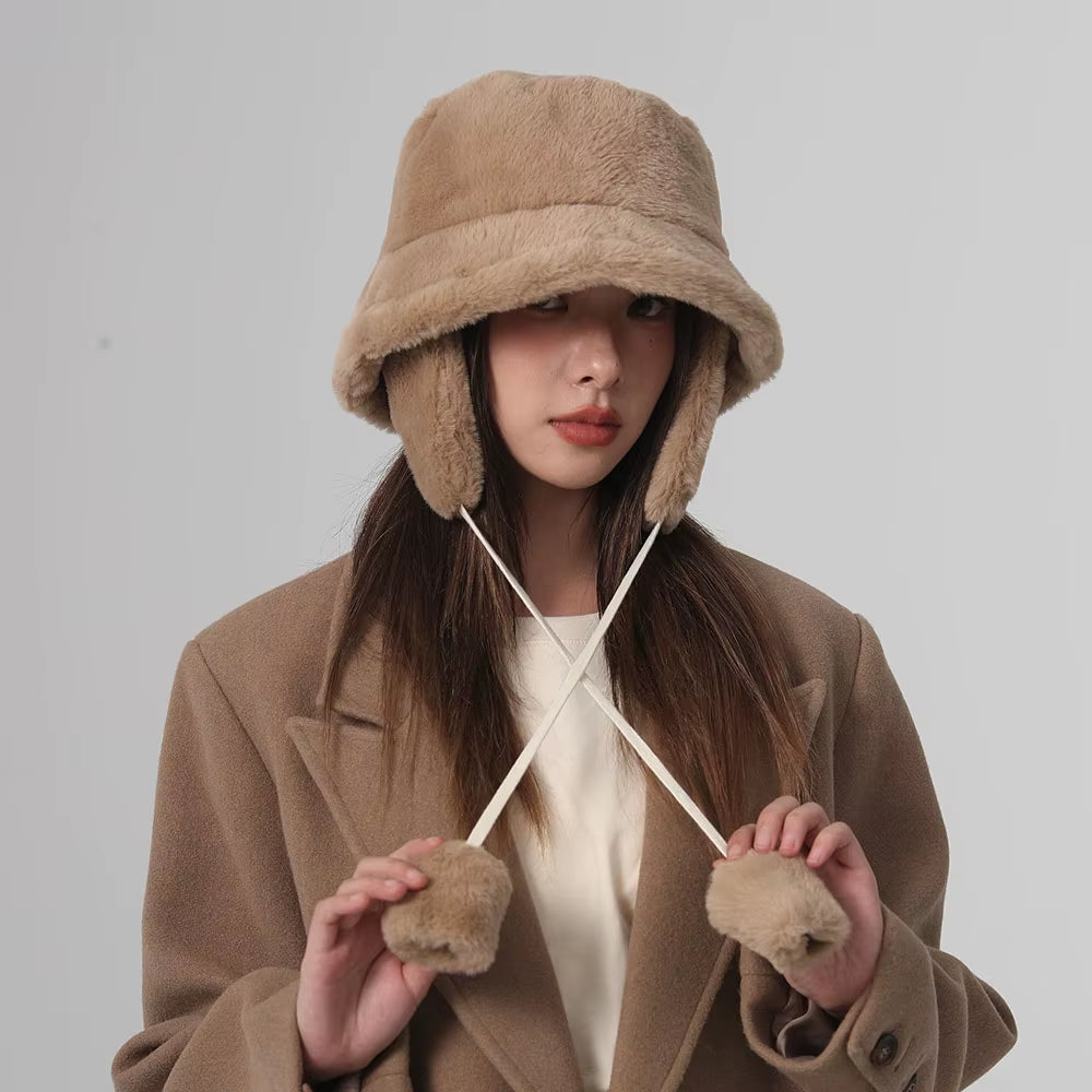 Bomber Winter Warm Bucket Hat Hats for Women Golf Cap Hiking Hat Fur Hat Winter Hat Barrel Cap Cotton Fabric Ear Protection Cap